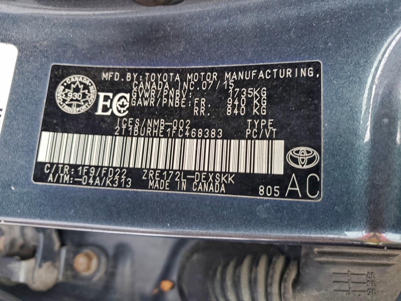 2015 Toyota Corolla L VIN: 2T1BURHE1FC468383 Lot: 94519565