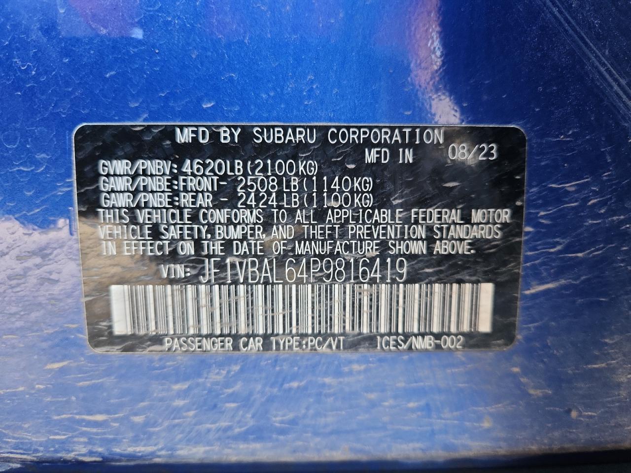 2023 Subaru Wrx Limited VIN: JF1VBAL64P9816419 Lot: 92055465