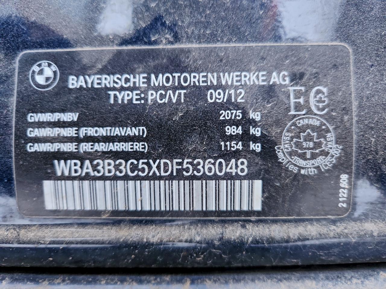 2013 BMW 328 Xi VIN: WBA3B3C5XDF536048 Lot: 95070515