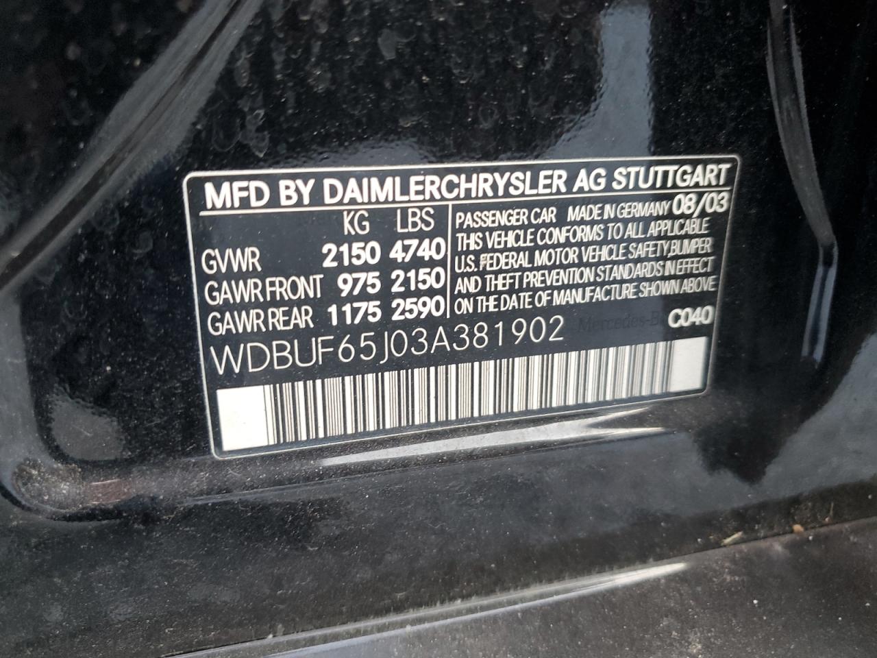 2003 Mercedes-Benz E 320 VIN: WDBUF65J03A381902 Lot: 93321555