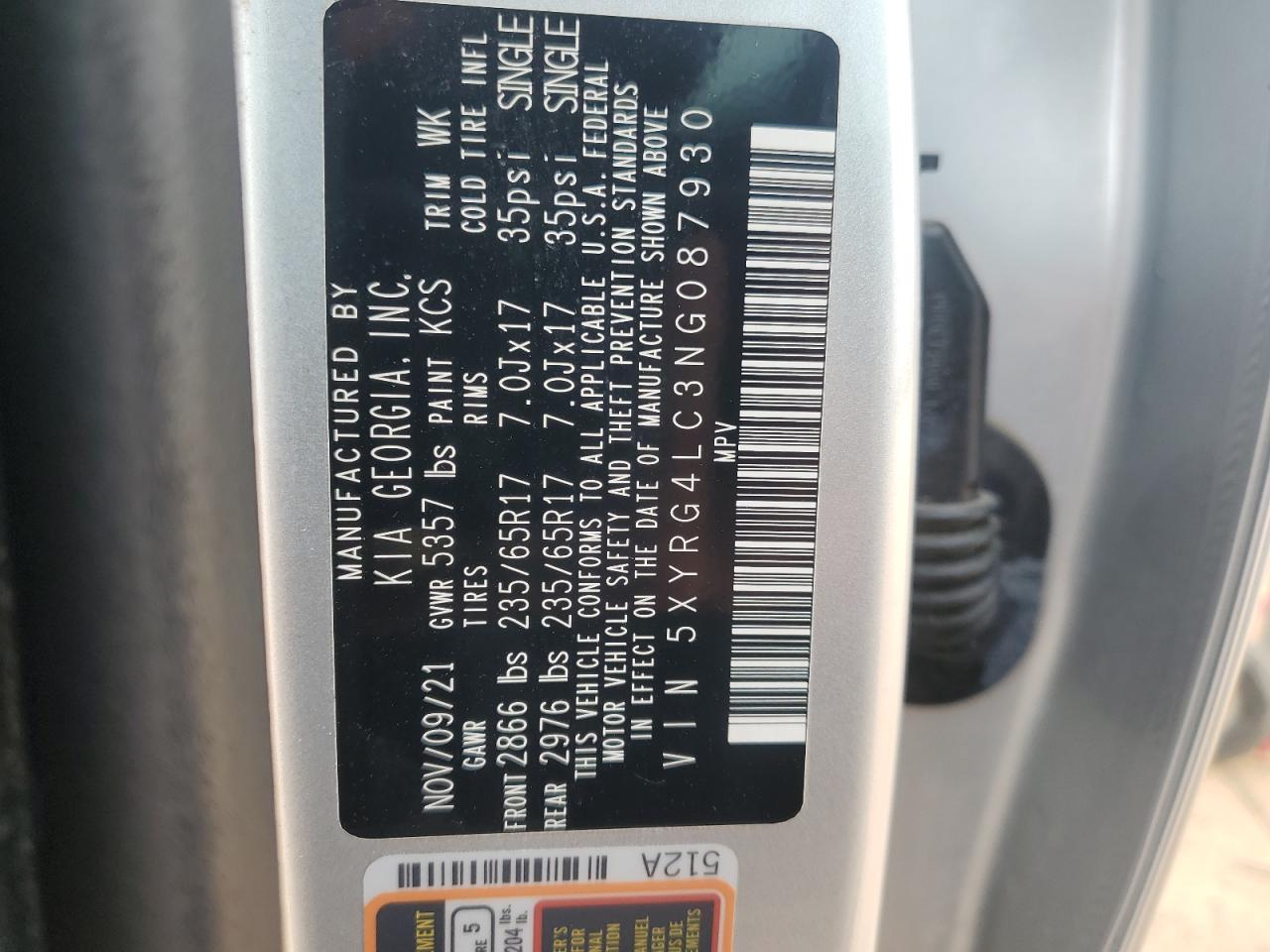 2022 Kia Sorento Lx VIN: 5XYRG4LC3NG087930 Lot: 91906165