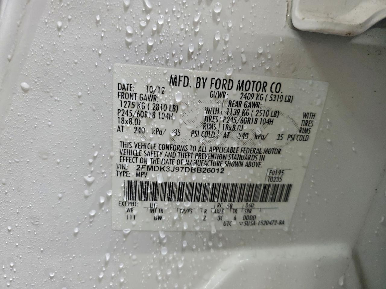 2013 Ford Edge Sel VIN: 2FMDK3J97DBB26012 Lot: 94338955