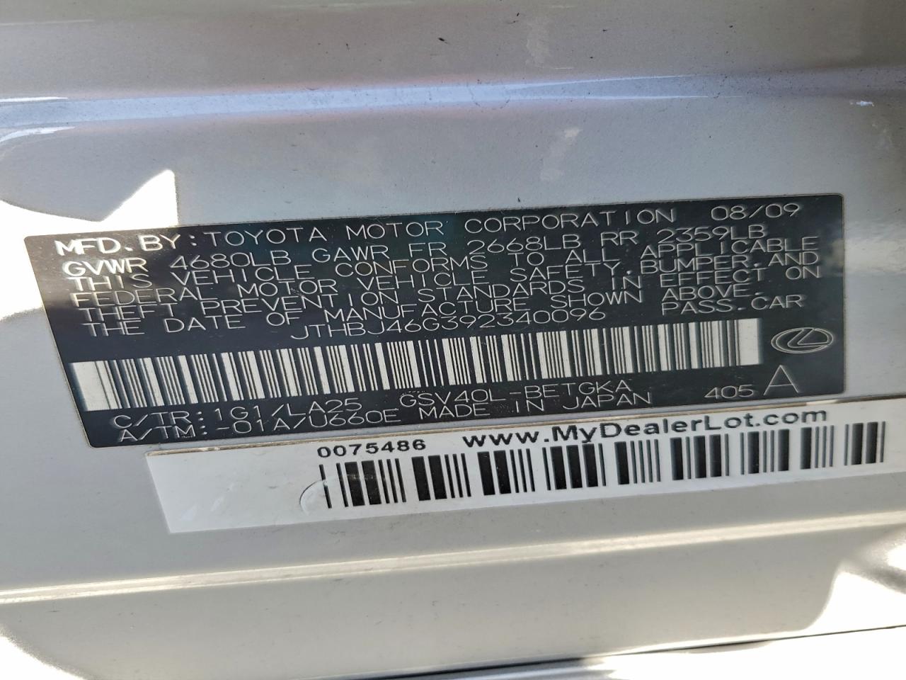 2009 Lexus Es 350 VIN: JTHBJ46G392340096 Lot: 94222015