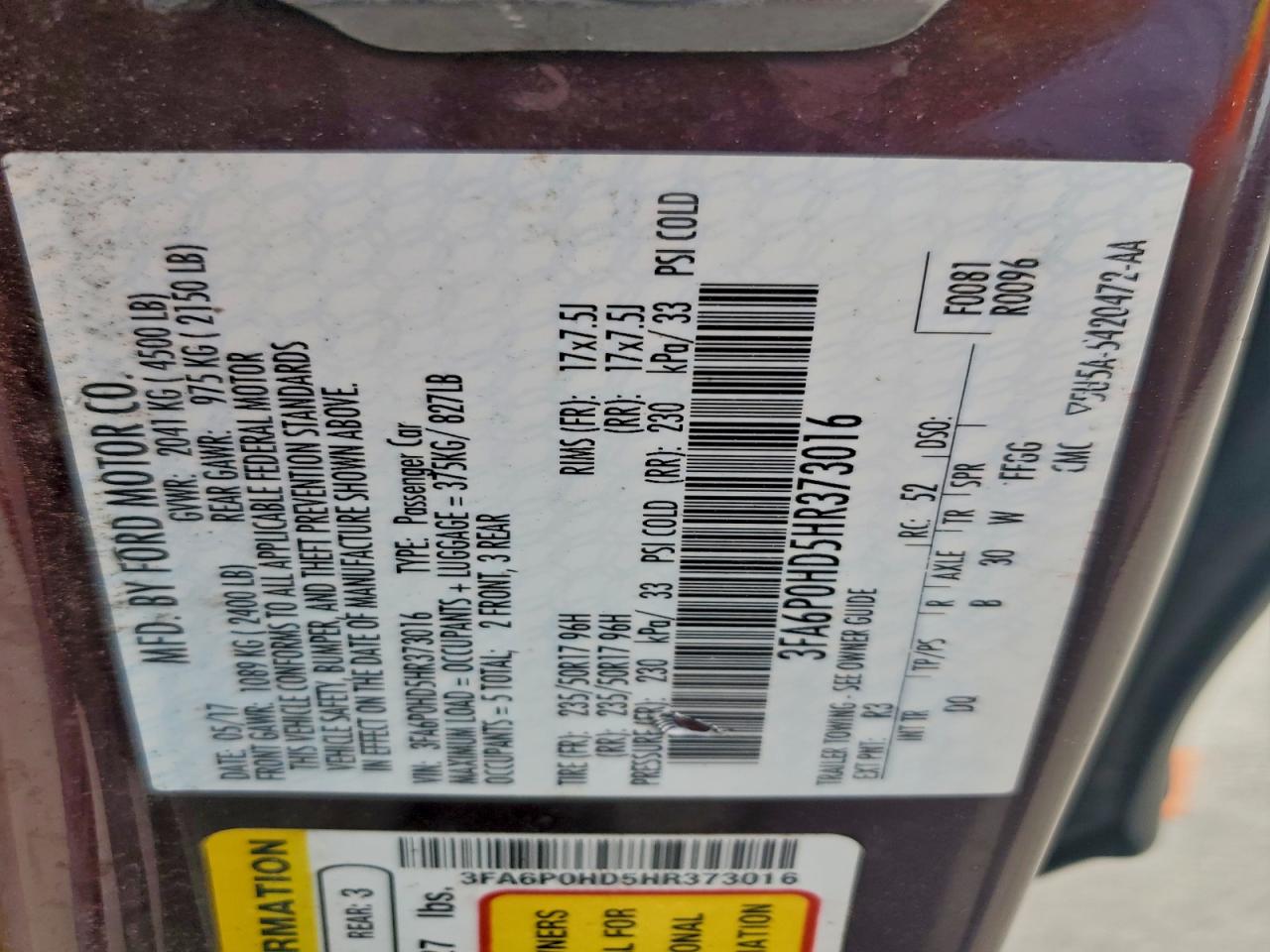 2017 Ford Fusion Se VIN: 3FA6P0HD5HR373016 Lot: 91132265