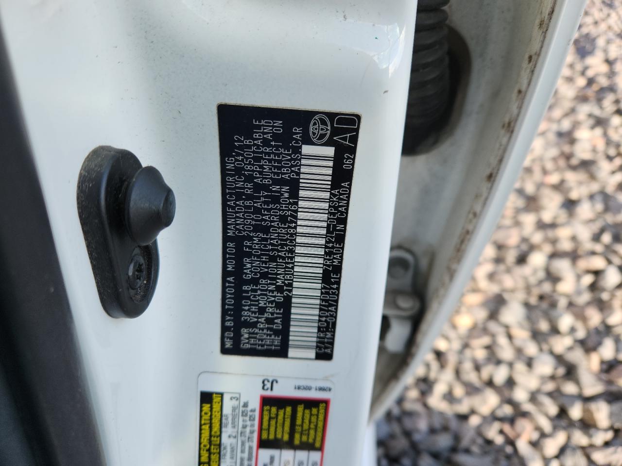 2012 Toyota Corolla Base VIN: 2T1BU4EE3CC847761 Lot: 91599805