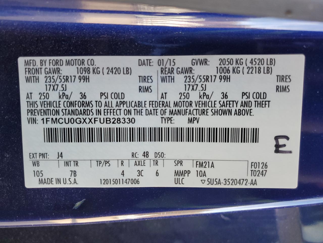 2015 Ford Escape Se VIN: 1FMCU0GXXFUB28330 Lot: 93029345