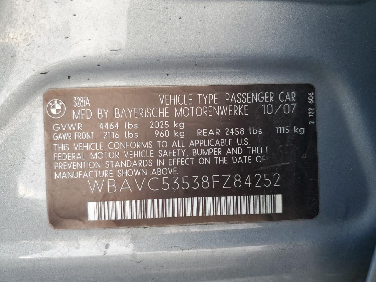 2008 BMW 328 I Sulev VIN: WBAVC53538FZ84252 Lot: 93476415