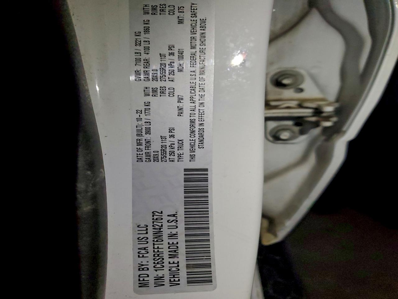 2022 Ram 1500 Big Horn/Lone Star VIN: 1C6SRFFT6NN427672 Lot: 93853595