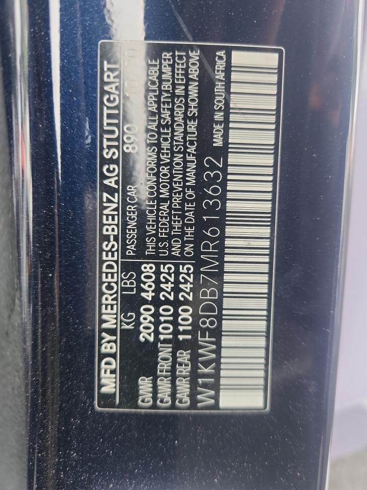 2021 Mercedes-Benz C 300 VIN: W1KWF8DB7MR613632 Lot: 93016975