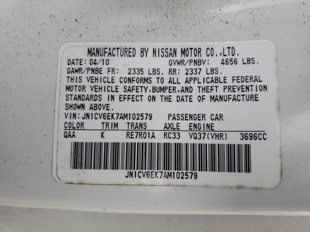 2010 Infiniti G37 Base VIN: JN1CV6EK7AM102579 Lot: 90798795