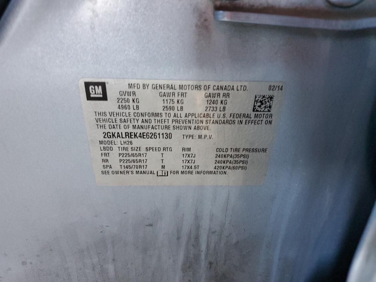 2014 GMC Terrain Sle VIN: 2GKALREK4E6261130 Lot: 93938555