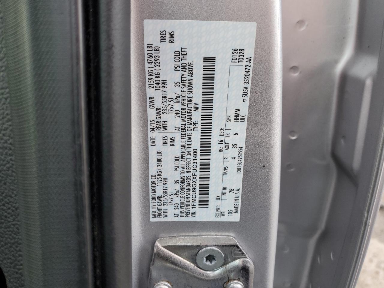 2015 Ford Escape Se VIN: 1FMCU9GXXFUC31400 Lot: 92173995