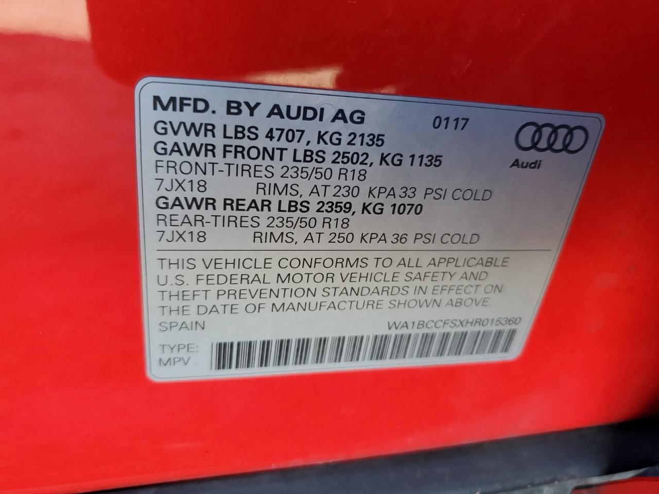 2017 Audi Q3 Premium VIN: WA1BCCFSXHR015360 Lot: 93221245