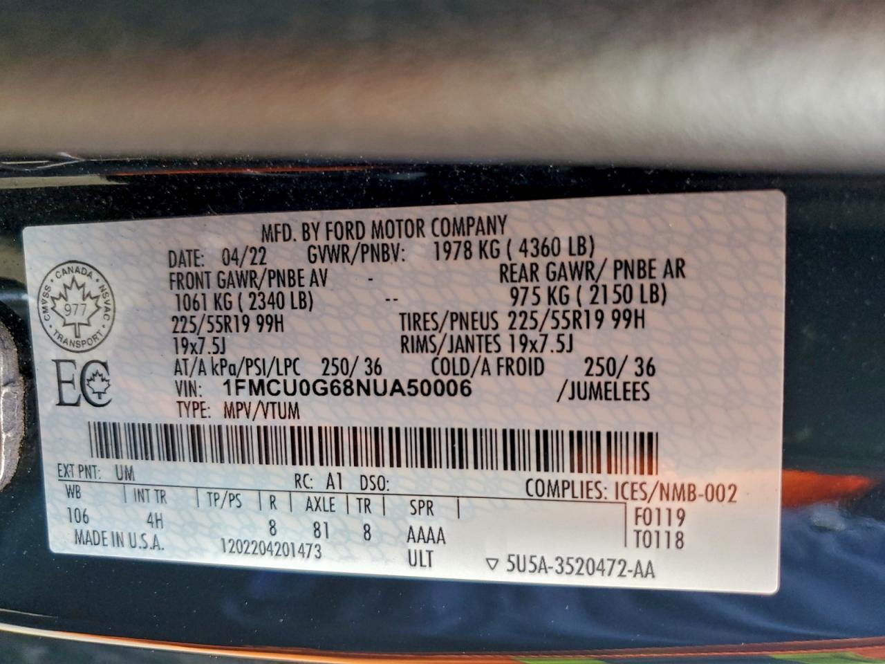 2022 Ford Escape Se VIN: 1FMCU0G68NUA50006 Lot: 93571055