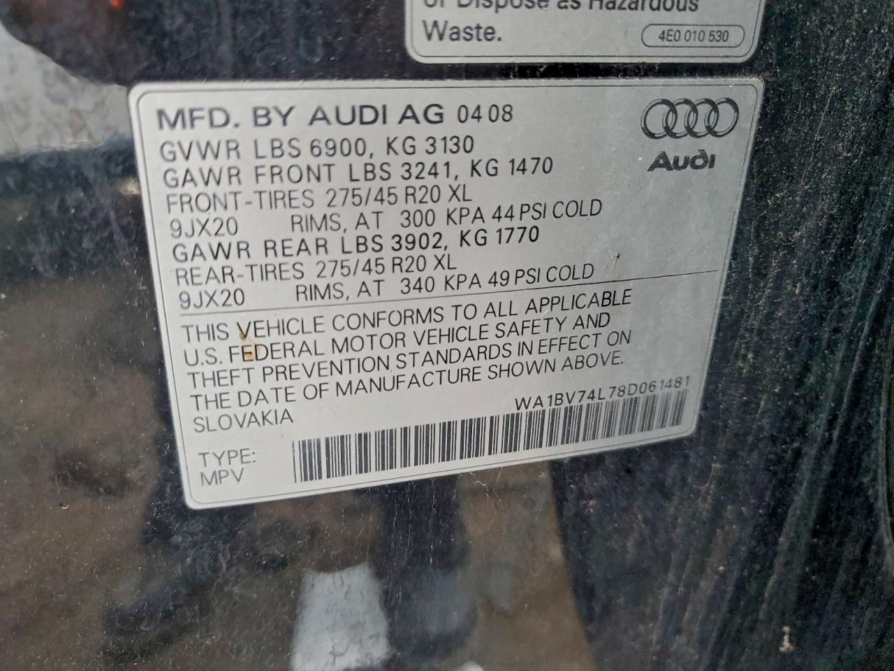 2008 Audi Q7 4.2 Quattro Premium VIN: WA1BV74L78D061481 Lot: 94268455