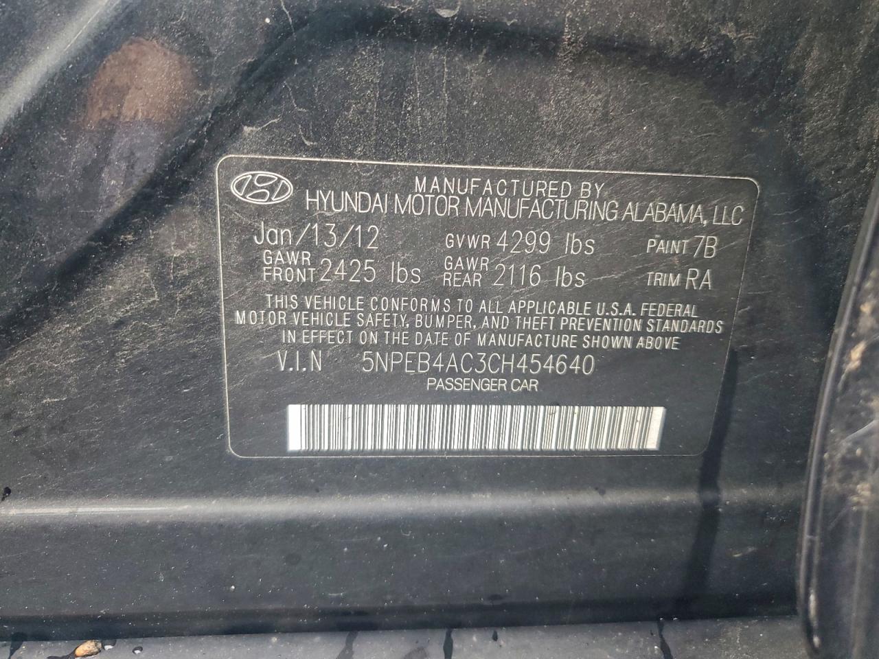 2012 Hyundai Sonata Gls VIN: 5NPEB4AC3CH454640 Lot: 94561345