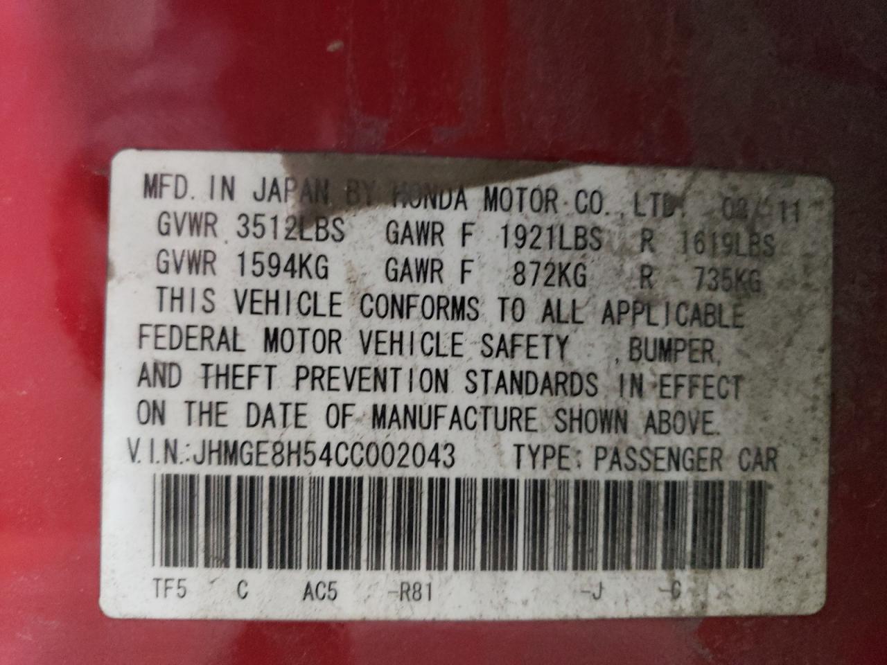 2012 Honda Fit Sport VIN: JHMGE8H54CC002043 Lot: 93358155