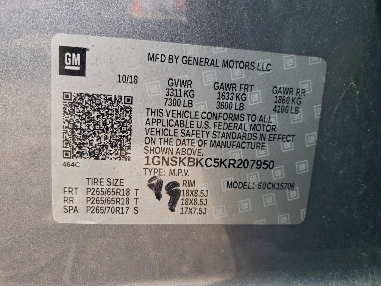 2019 Chevrolet Tahoe K1500 Lt VIN: 1GNSKBKC5KR207950 Lot: 93338595