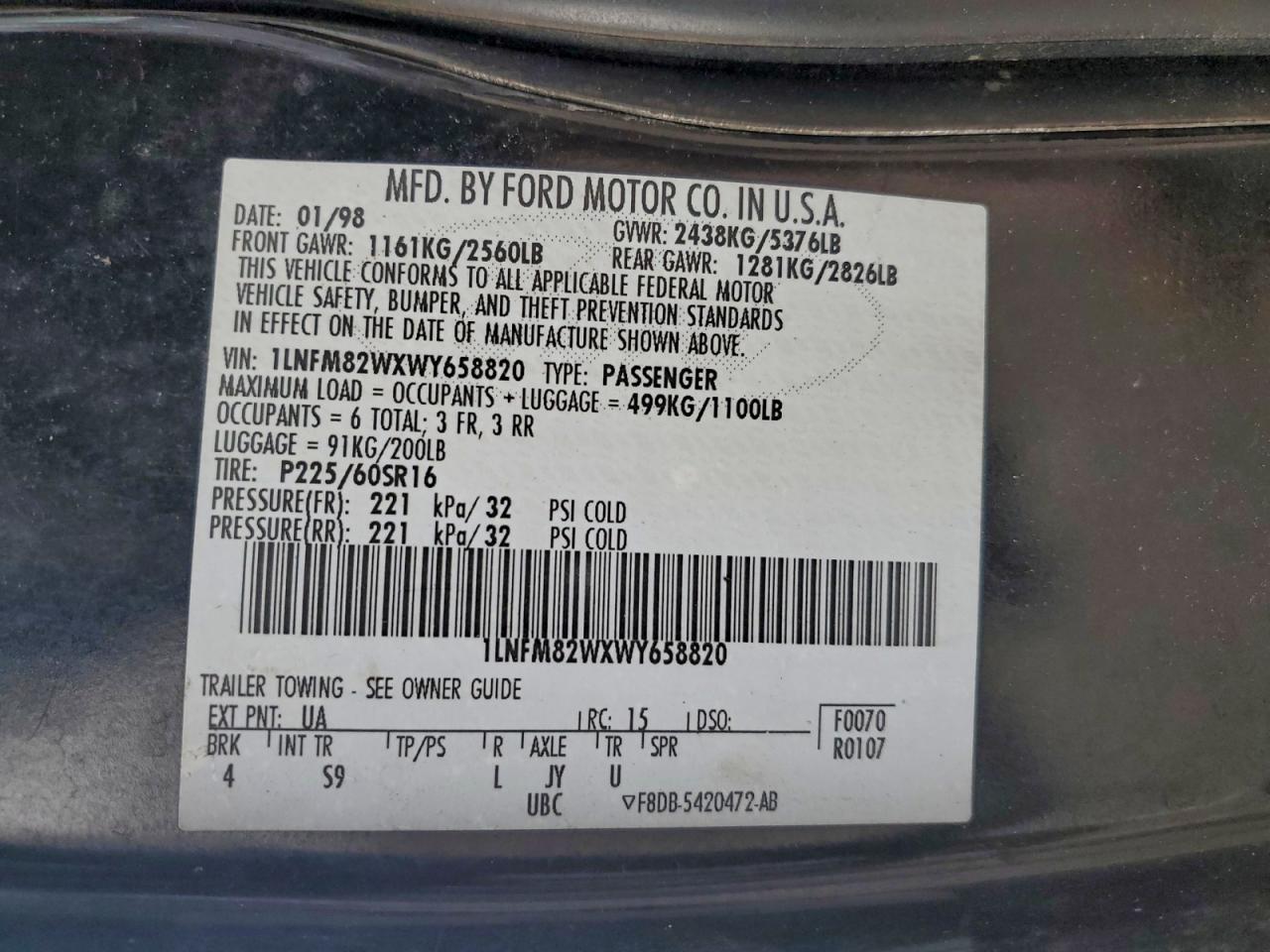 1998 Lincoln Town Car Signature VIN: 1LNFM82WXWY658820 Lot: 94056665