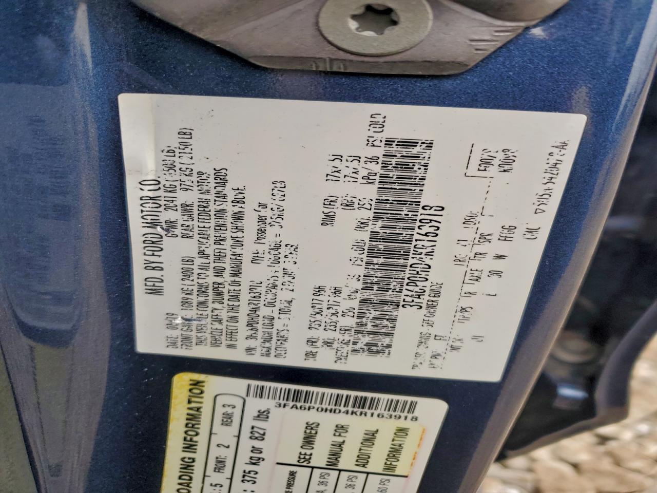 2019 Ford Fusion Se VIN: 3FA6P0HD4KR163918 Lot: 94306165