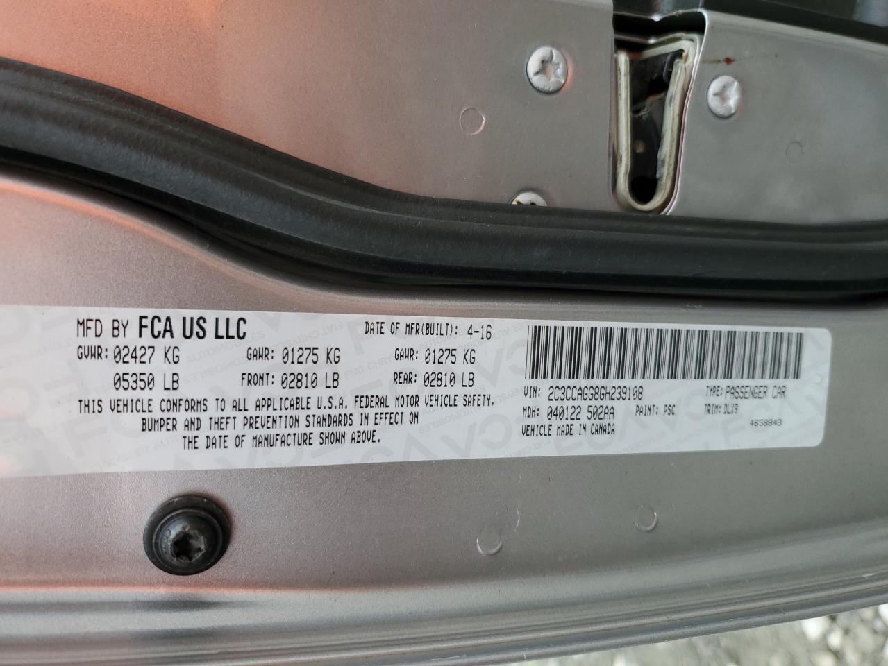 2016 Chrysler 300 S VIN: 2C3CCAGG8GH239108 Lot: 93479075