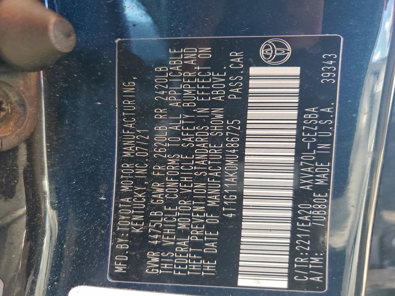 2021 Toyota Camry Se VIN: 4T1G11AK0MU486725 Lot: 94317445