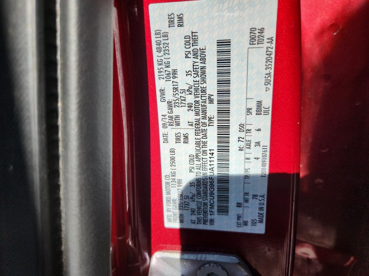 2015 Ford Escape Se VIN: 1FMCU9G96FUA11141 Lot: 92374125