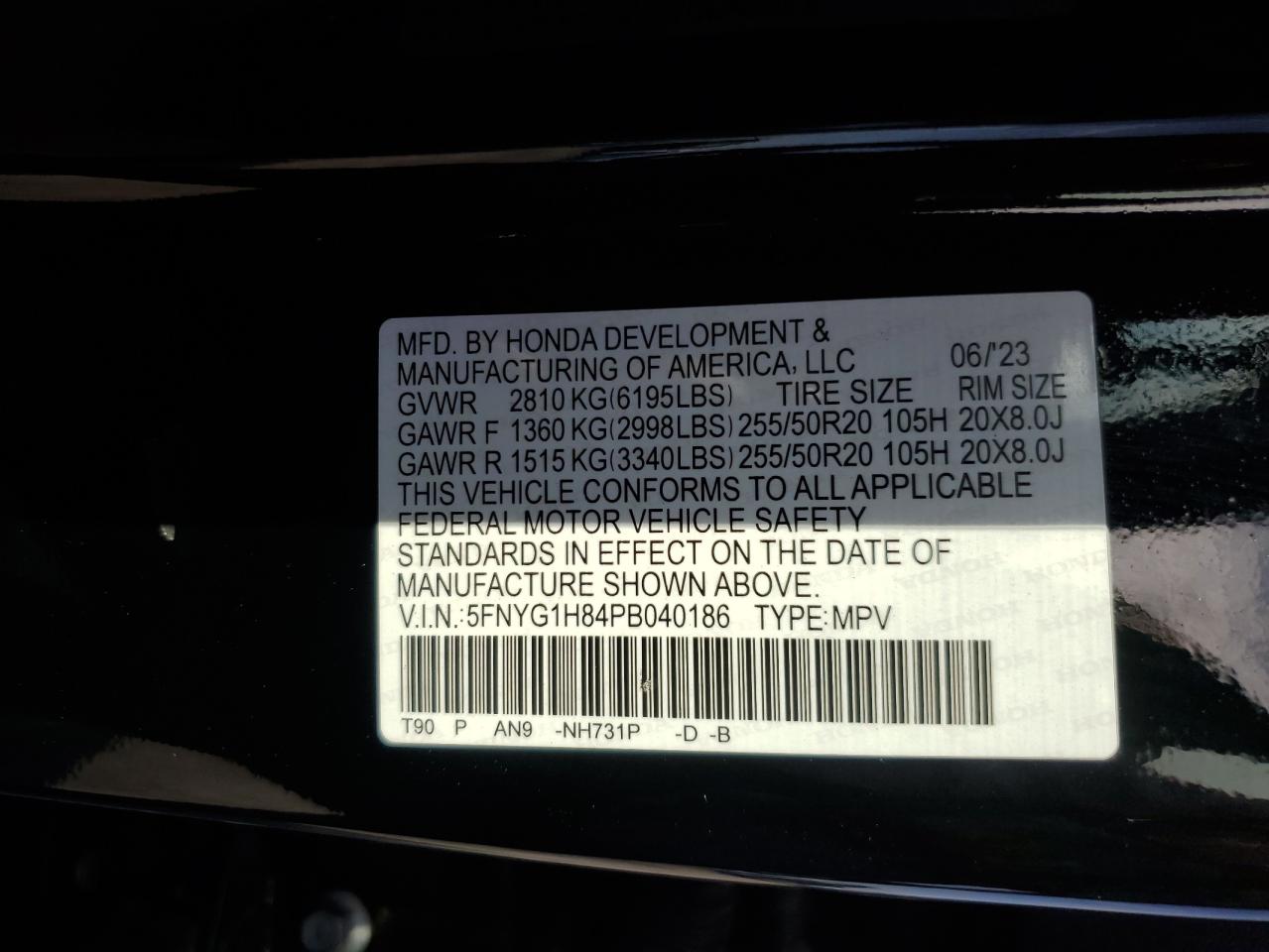 2023 Honda Pilot Elite VIN: 5FNYG1H84PB040186 Lot: 91602815