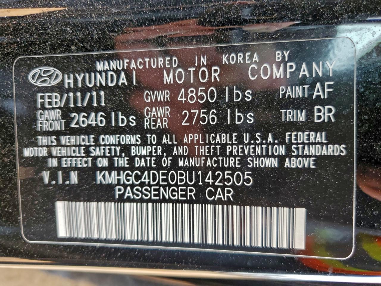 2011 Hyundai Genesis 3.8L VIN: KMHGC4DE0BU142505 Lot: 94509155