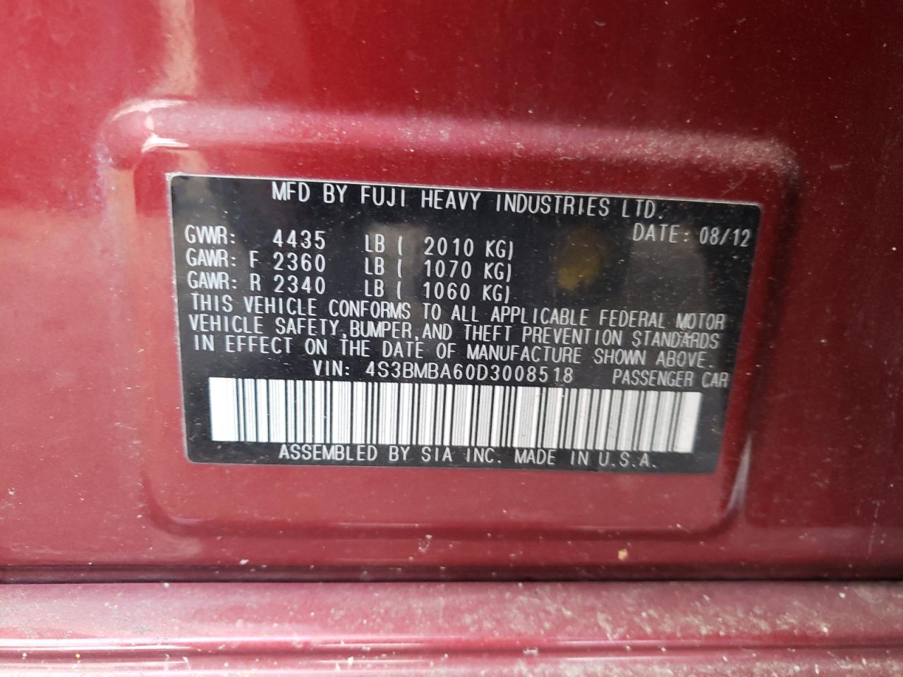 2013 Subaru Legacy 2.5I VIN: 4S3BMBA60D3008518 Lot: 91832645