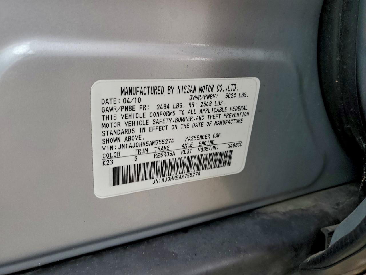 2010 Infiniti Ex35 Base VIN: JN1AJ0HR5AM755274 Lot: 93022605