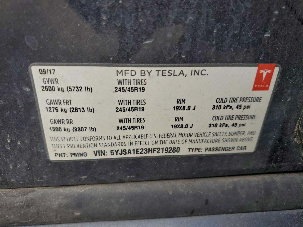 2017 Tesla Model S VIN: 5YJSA1E23HF219280 Lot: 90691465