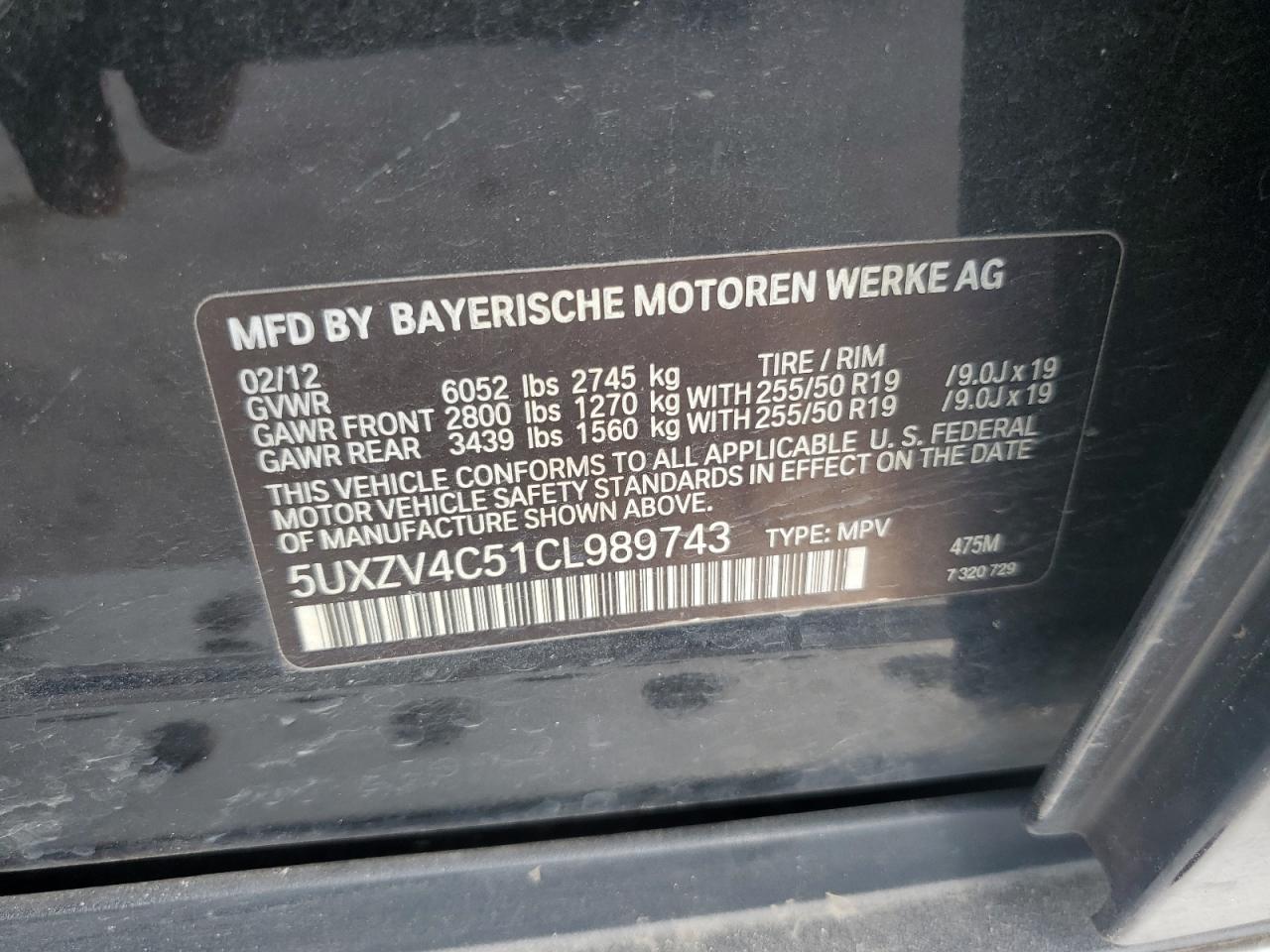 2012 BMW X5 xDrive35I VIN: 5UXZV4C51CL989743 Lot: 93023975