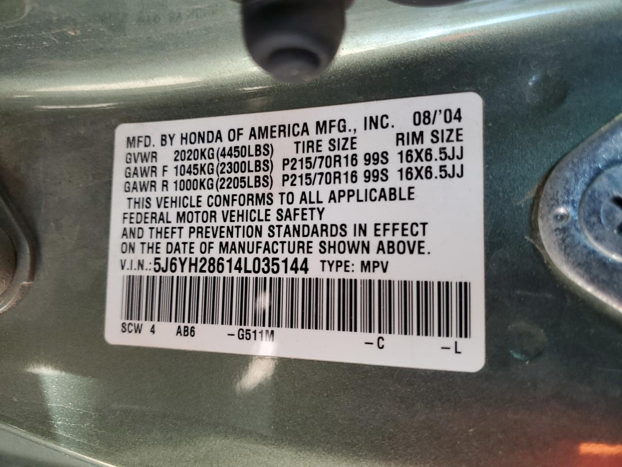 2004 Honda Element Ex VIN: 5J6YH28614L035144 Lot: 90135215