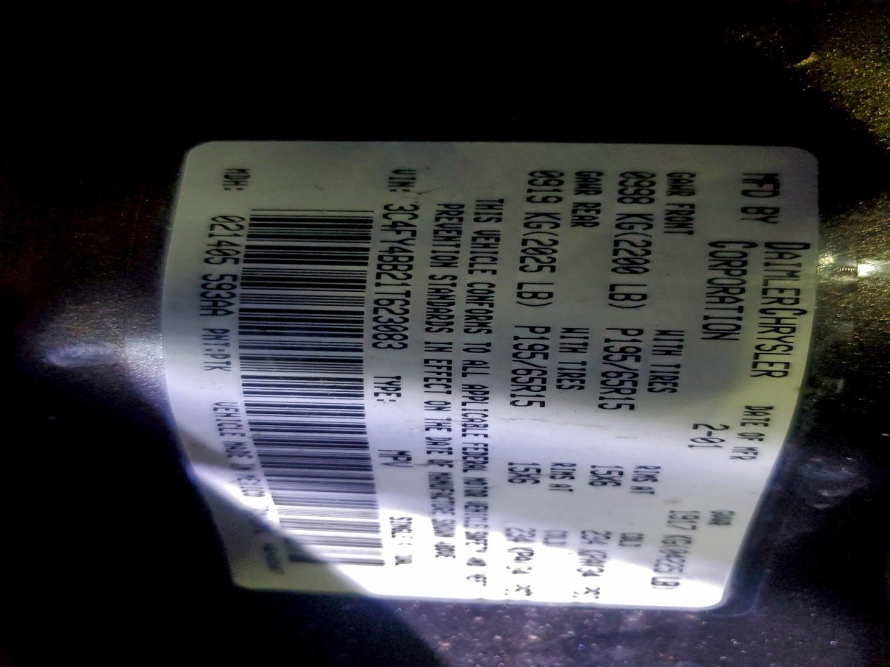 2001 Chrysler Pt Cruiser VIN: 3C4FY4BB21T62383 Lot: 94852665