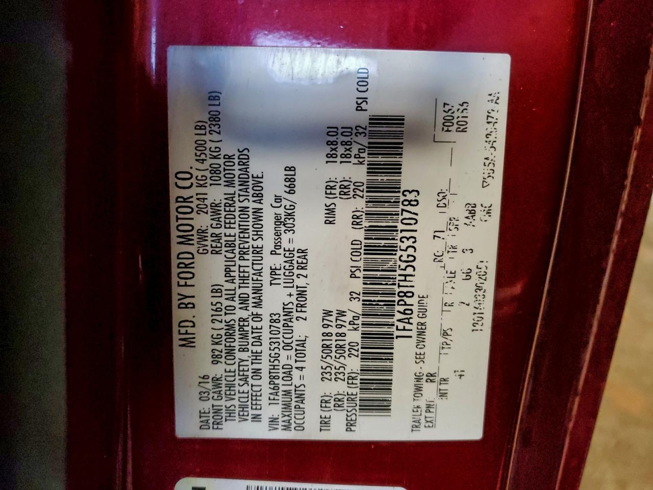 2016 Ford Mustang VIN: 1FA6P8TH5G5310783 Lot: 94044615