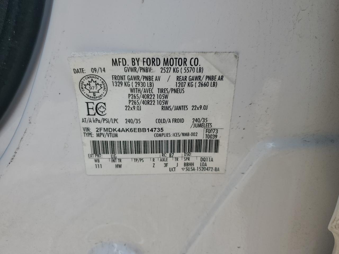 2014 Ford Edge Sport VIN: 2FMDK4AK6EBB14735 Lot: 93677695