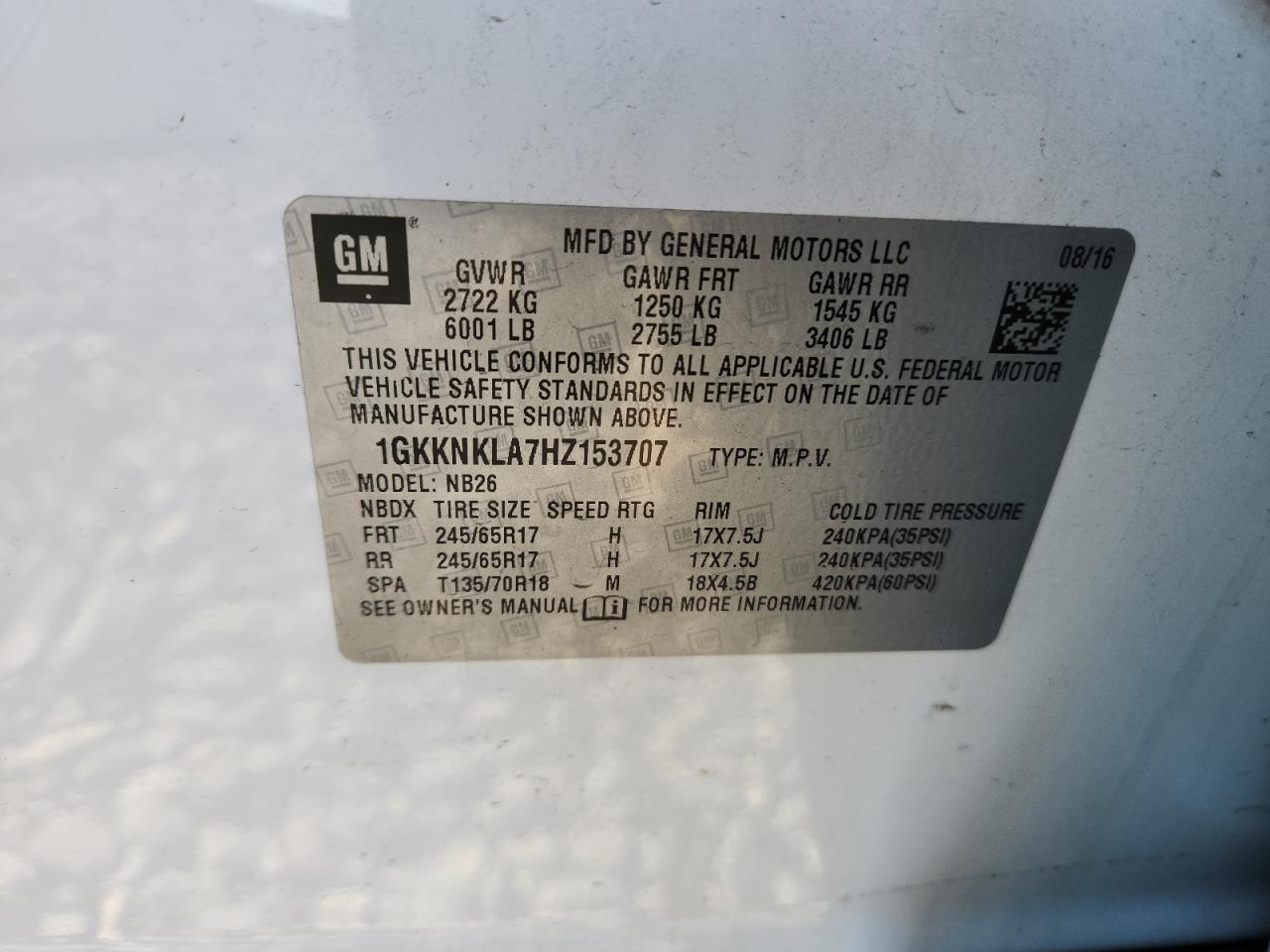 2017 GMC Acadia Sle VIN: 1GKKNKLA7HZ153707 Lot: 91412585