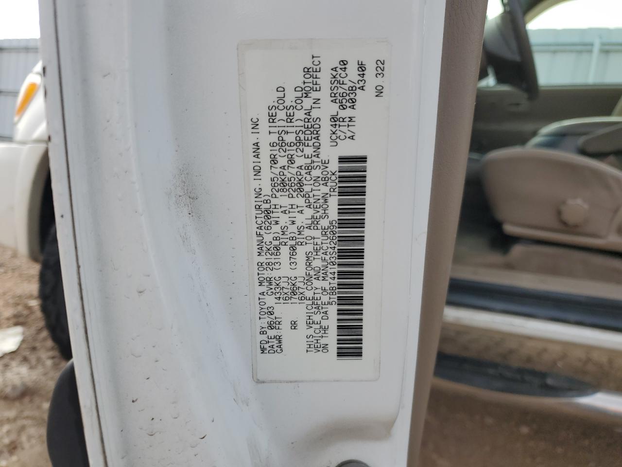 2003 Toyota Tundra Access Cab Sr5 VIN: 5TBBT44103S426095 Lot: 93560205