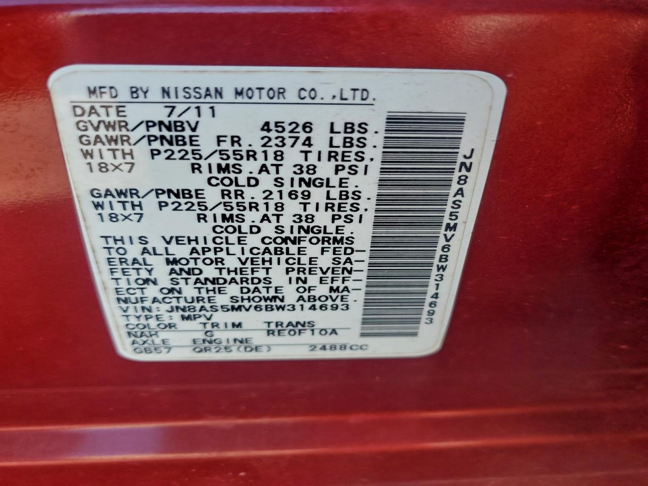 2011 Nissan Rogue S VIN: JN8AS5MV6BW314693 Lot: 94162285