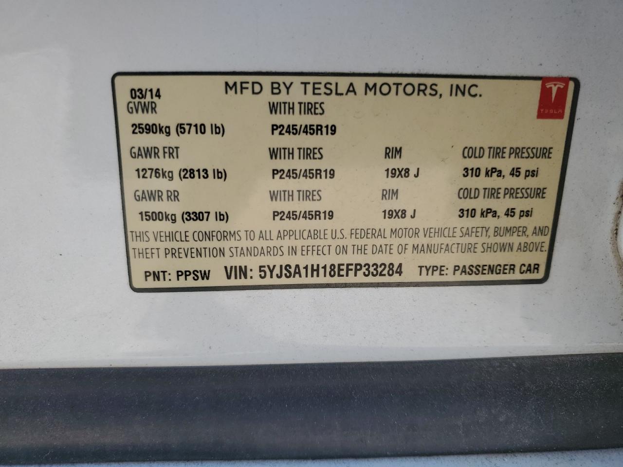 2014 Tesla Model S VIN: 5YJSA1H18EFP33284 Lot: 92854015