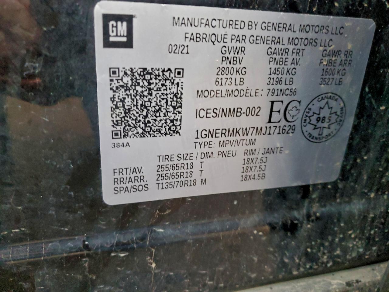 2021 Chevrolet Traverse Lt VIN: 1GNERMKW7MJ171629 Lot: 93390165