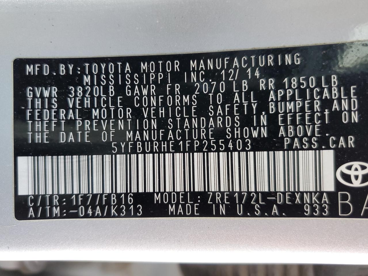 2015 Toyota Corolla L VIN: 5YFBURHE1FP255403 Lot: 92505575