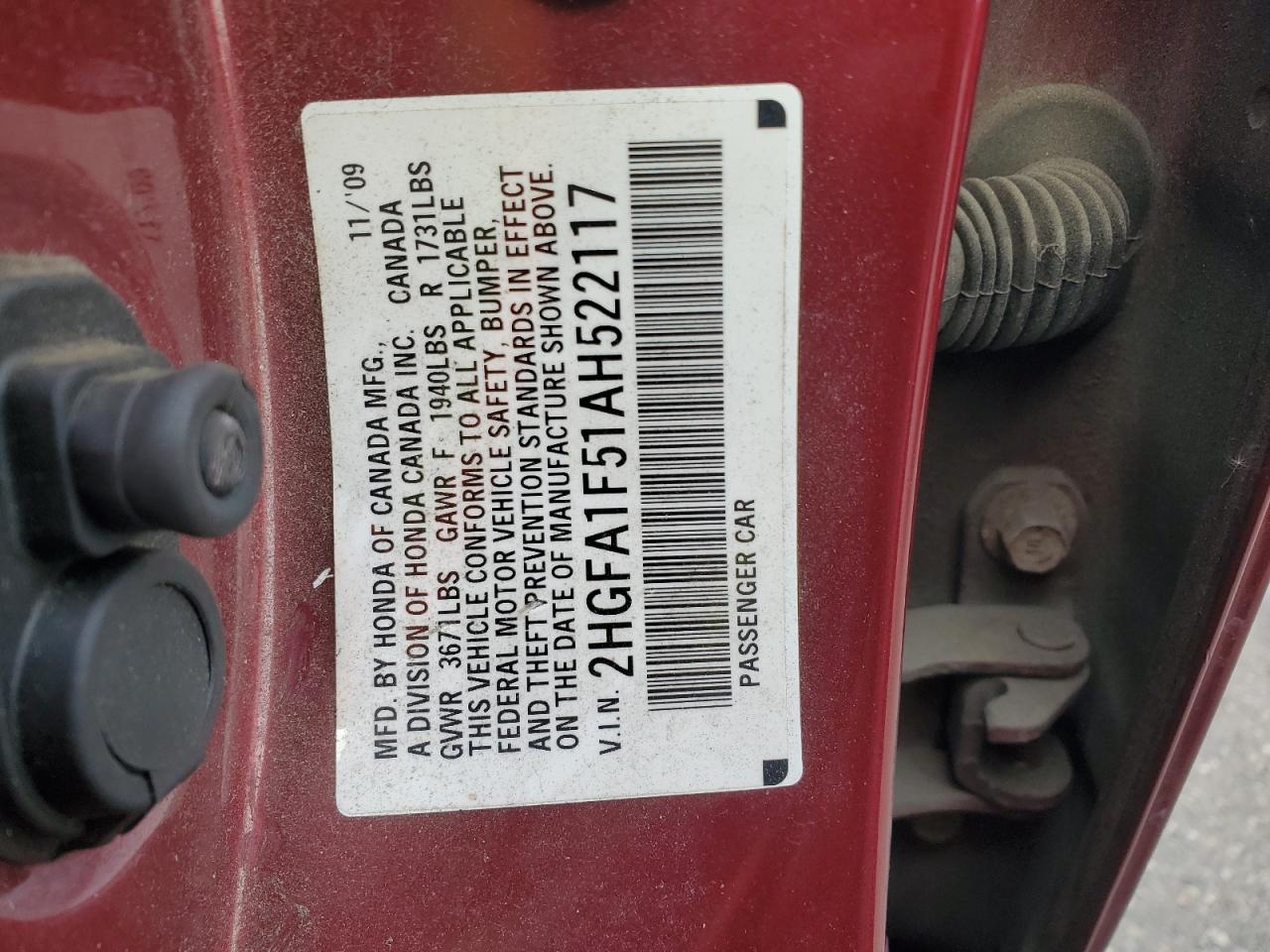 2010 Honda Civic Lx VIN: 2HGFA1F51AH522117 Lot: 91880485