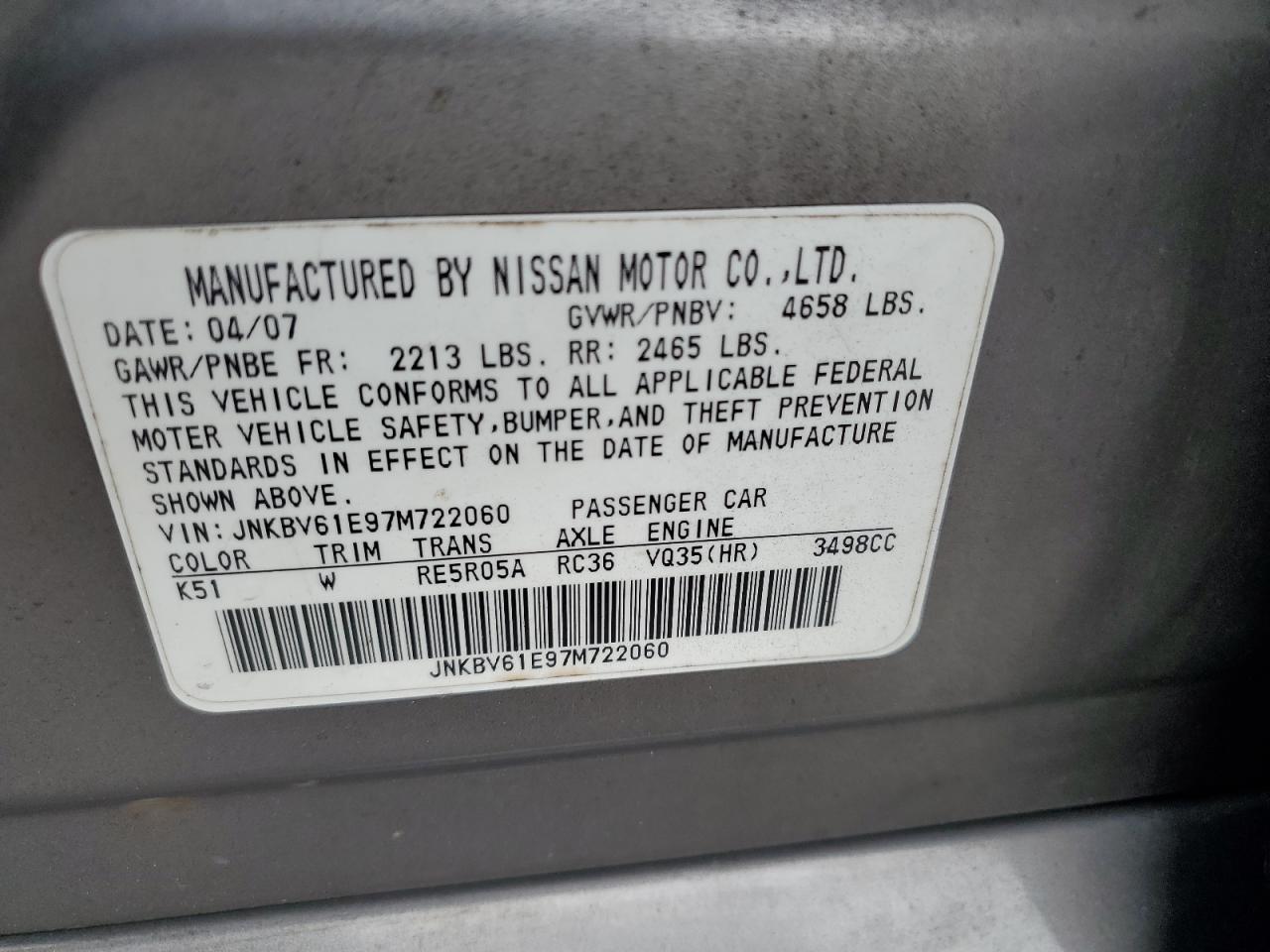 2007 Infiniti G35 VIN: JNKBV61E97M722060 Lot: 91603175