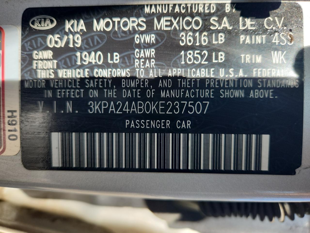 2019 Kia Rio S VIN: 3KPA24AB0KE237507 Lot: 92691505