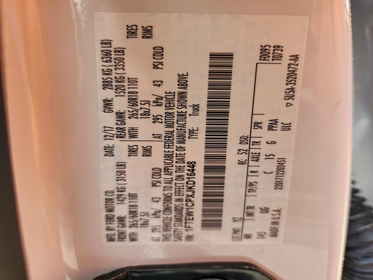 2018 Ford F150 Supercrew VIN: 1FTEW1CPXJKD16448 Lot: 94408975