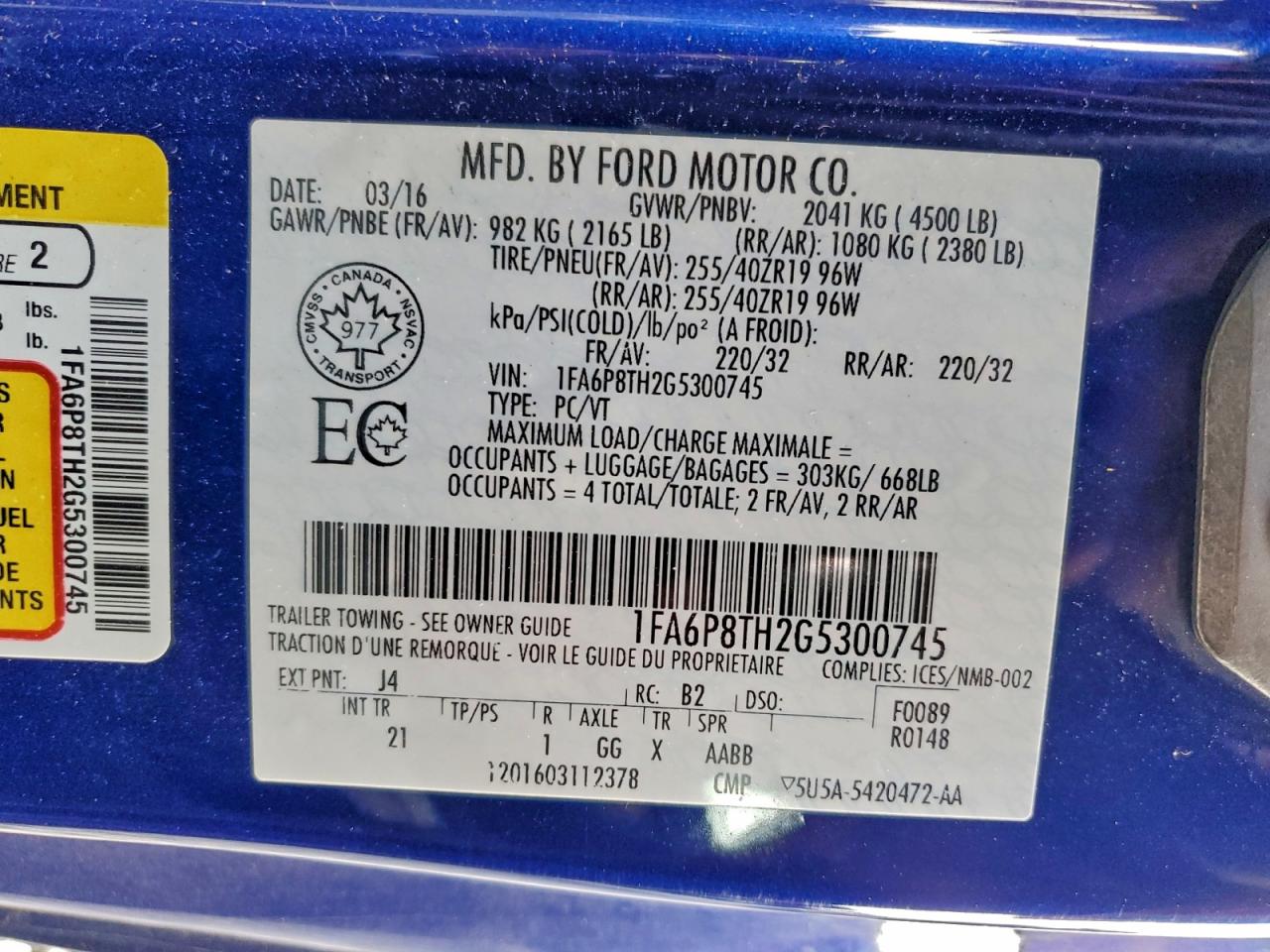 2016 Ford Mustang VIN: 1FA6P8TH2G5300745 Lot: 94374295