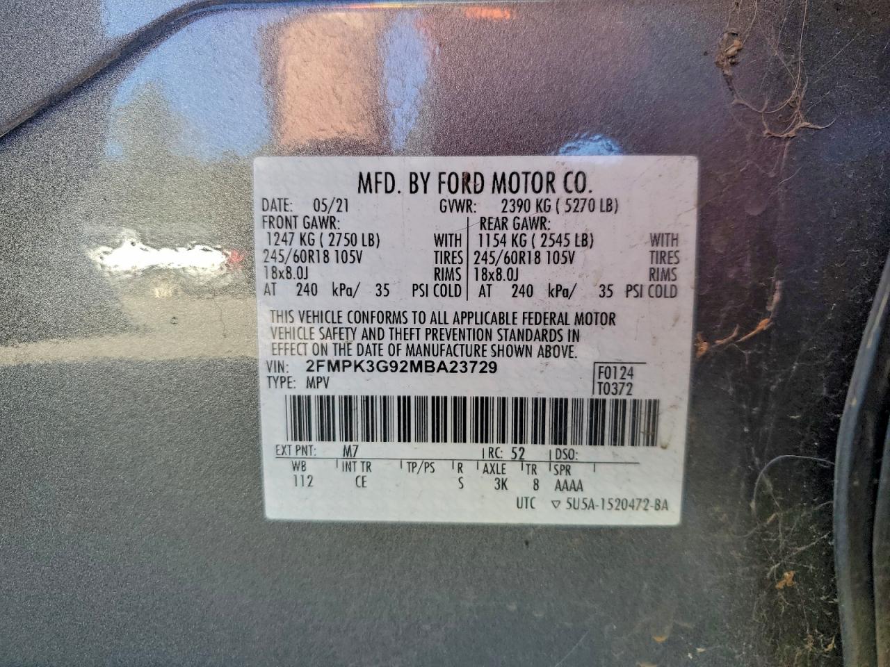 2021 Ford Edge Se VIN: 2FMPK3G92MBA23729 Lot: 94094875