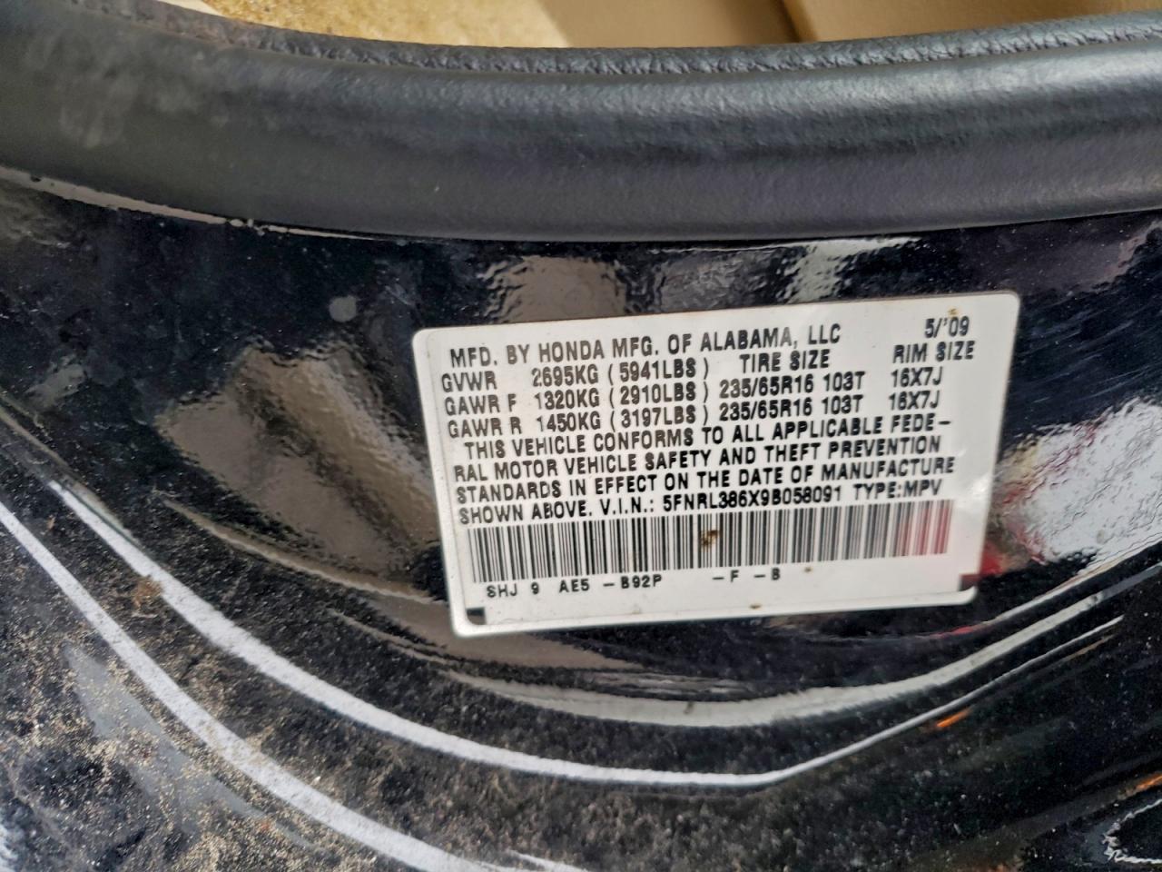 2009 Honda Odyssey Exl VIN: 5FNRL386X9B058091 Lot: 94041775